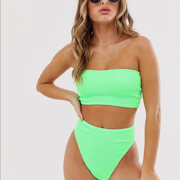 ASOS Crinkle Bandeau Bikini Top & High Waisted Bottom in Apple Green Set - Picture 7 of 12